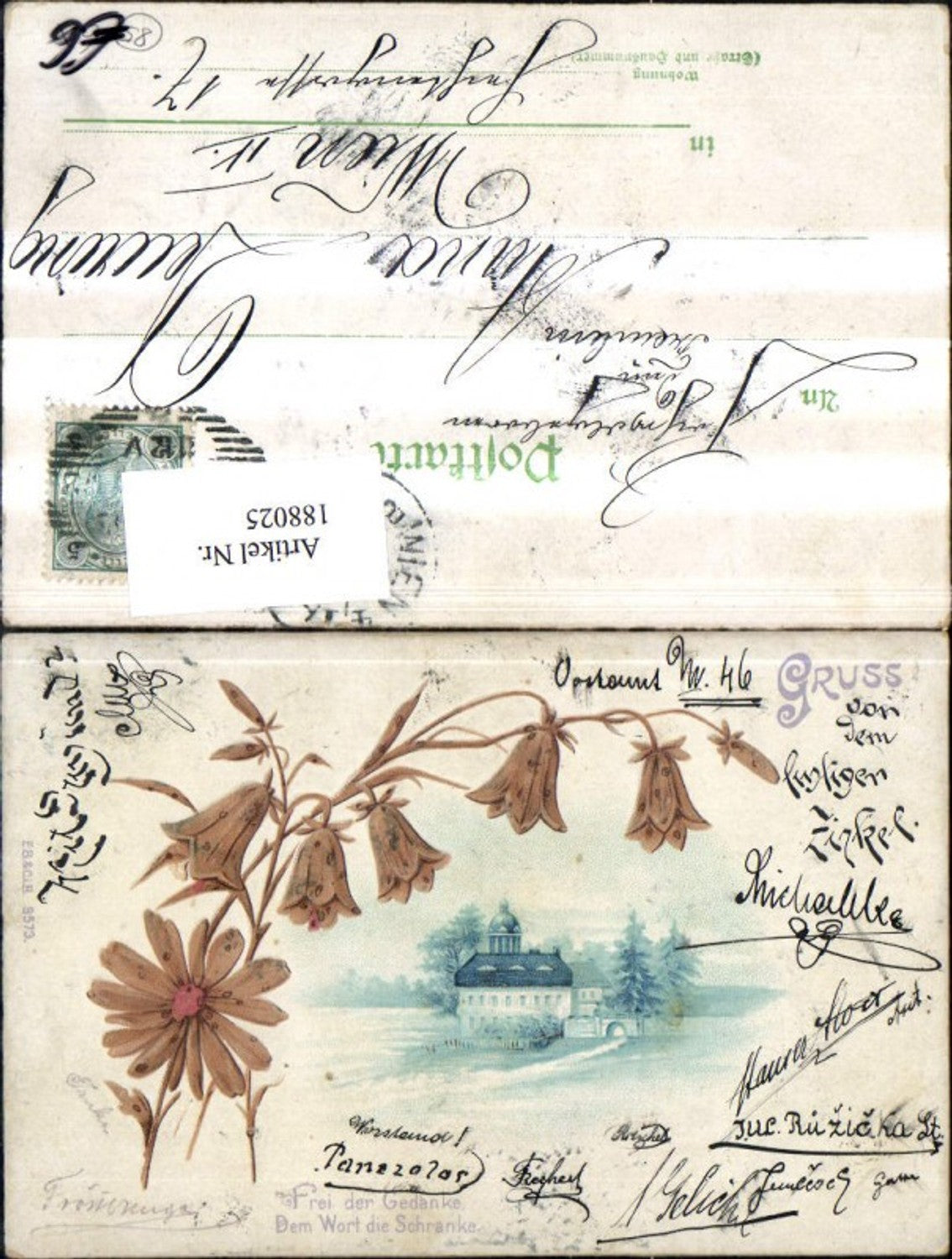 188025, Congratulations stamp, postcard, castle landscape with flowers and tendrils
