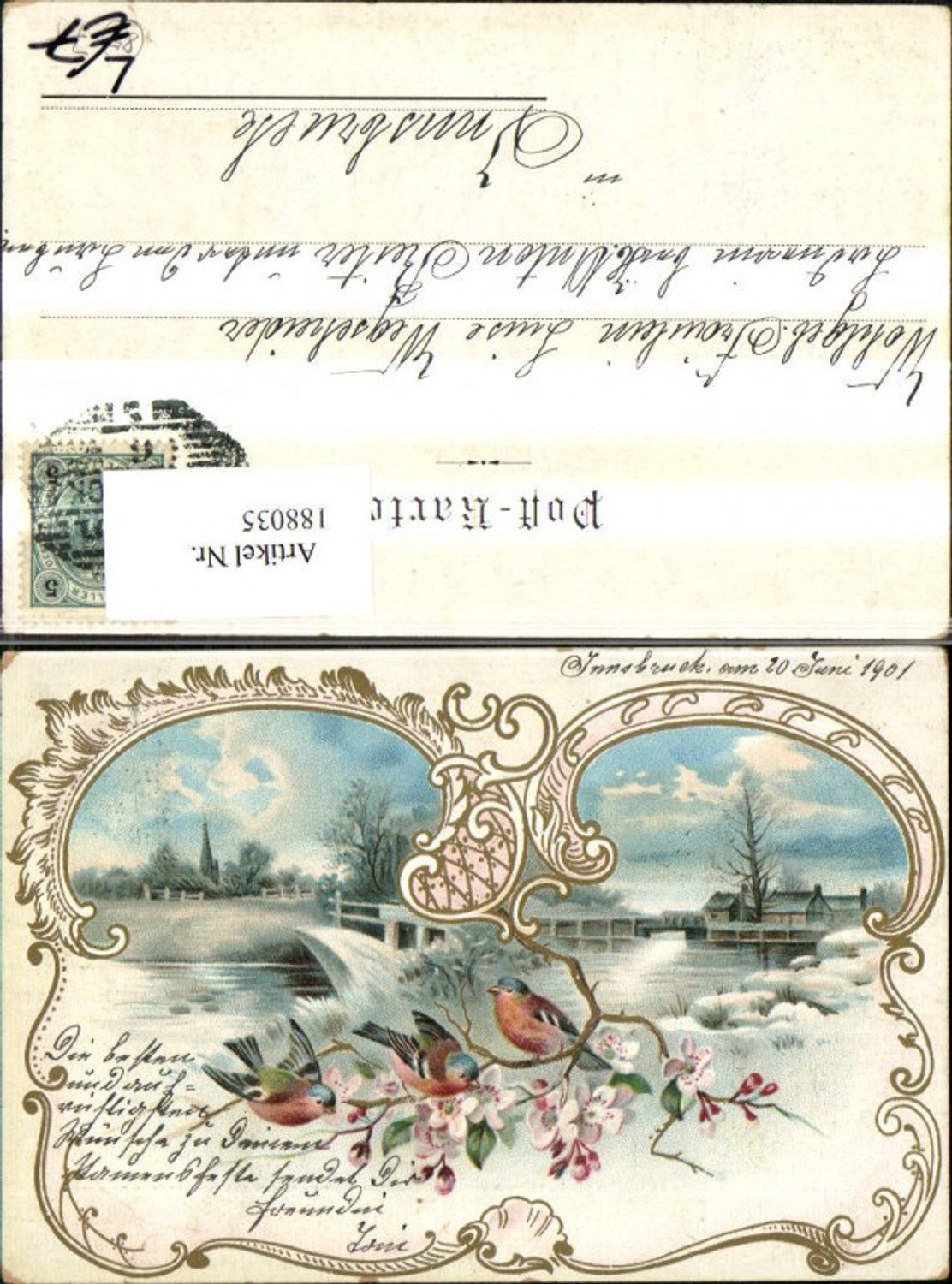 188035, Congratulations Lithograph Landscape Flowering Branch with Birds Gold Ornament