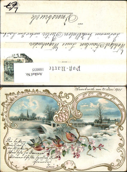 188035, Congratulations Lithograph Landscape Flowering Branch with Birds Gold Ornament