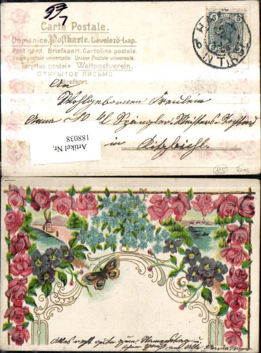 188038, Congratulations embossing lithograph landscape flowers roses butterfly