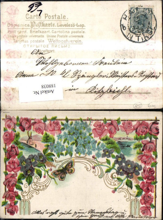 188038, Congratulations embossing lithograph landscape flowers roses butterfly