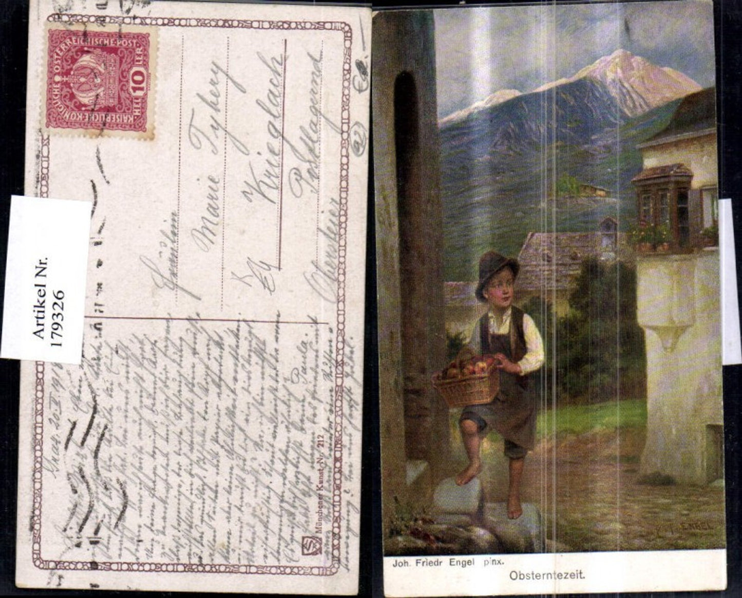 179326,Künstler Ak Joh. Friedr. Engel Kinder Obsterntezeit Bub Junge m. Korb m. Äpfel Obst