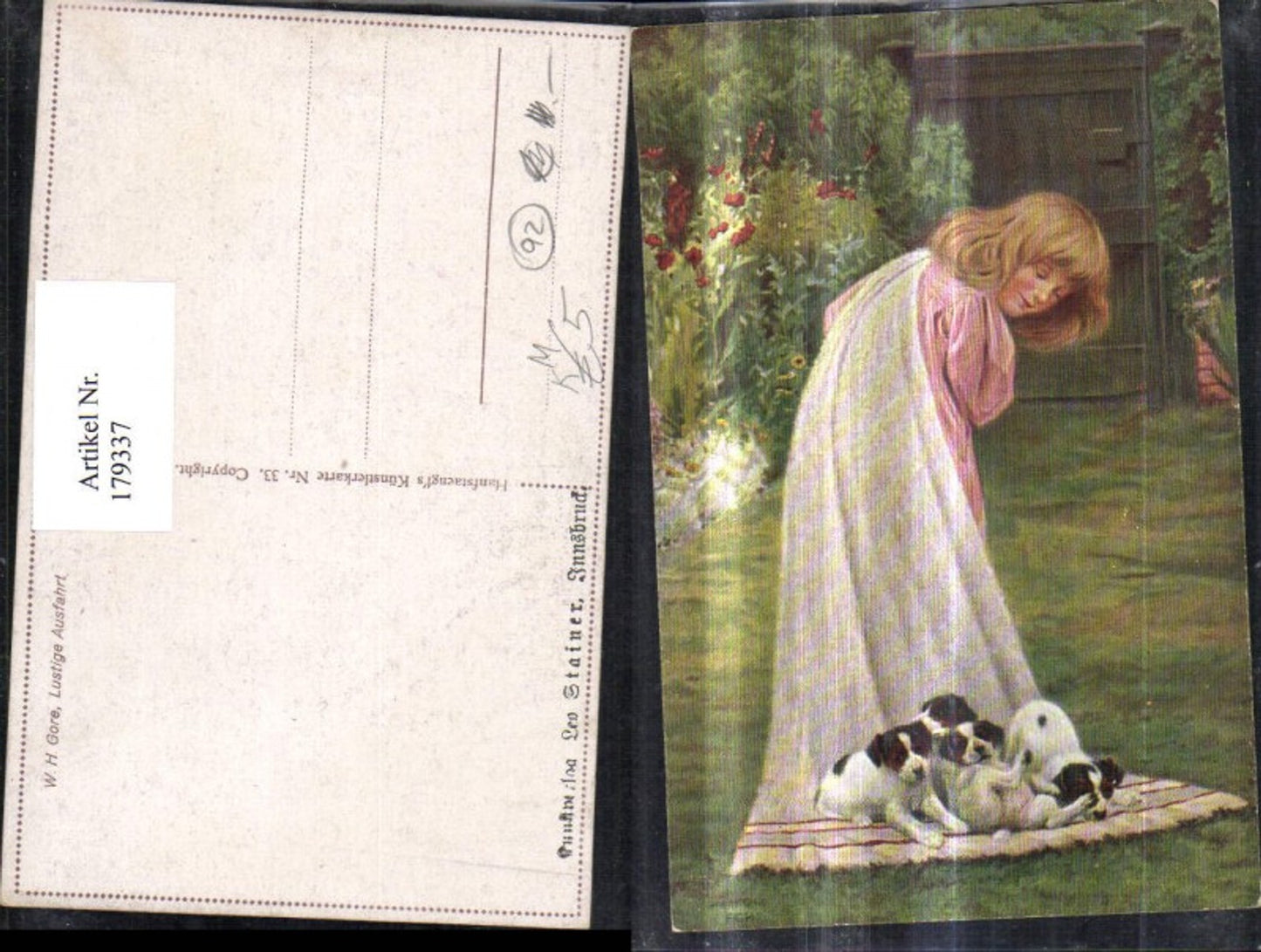 179337, Artist Ak WH Gore Children Funny Exit Girl pulls a blanket Dogs Puppies