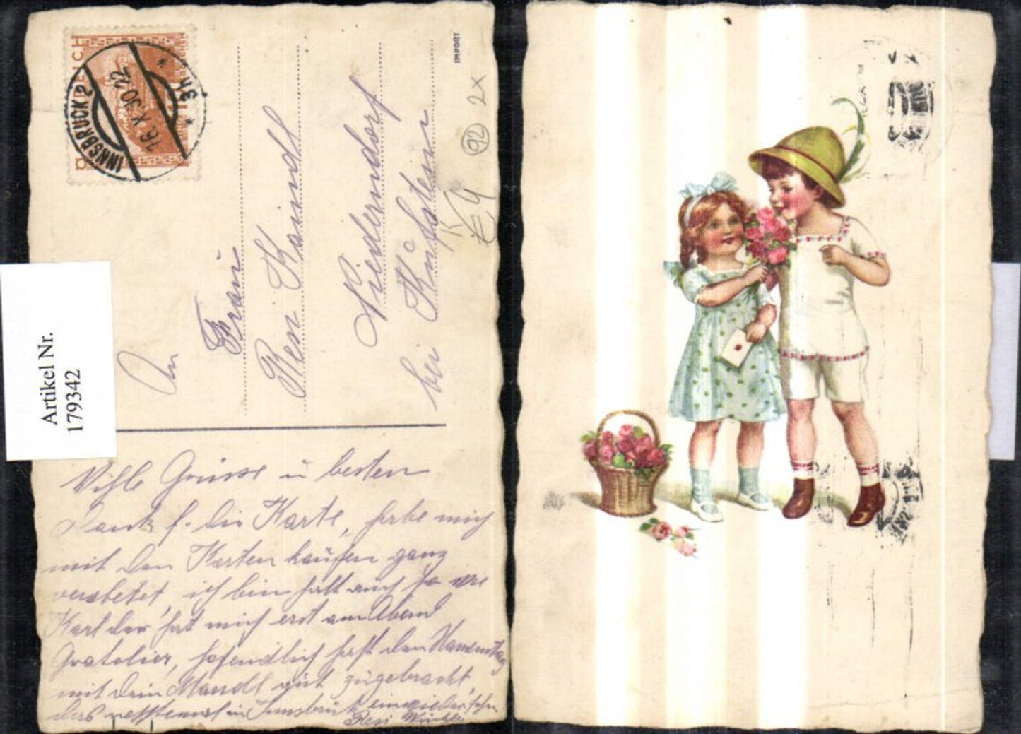 179342,Künstler Ak Kinder Mädchen Junge m. Korb Blumen Brief
