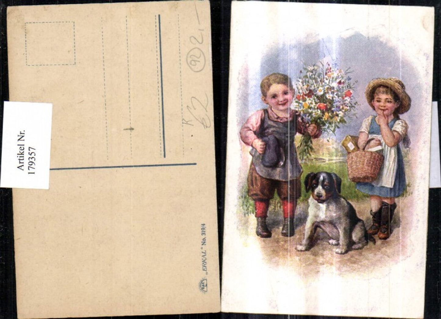 179357, Artist AK Children with basket Dog Flowers Bouquet