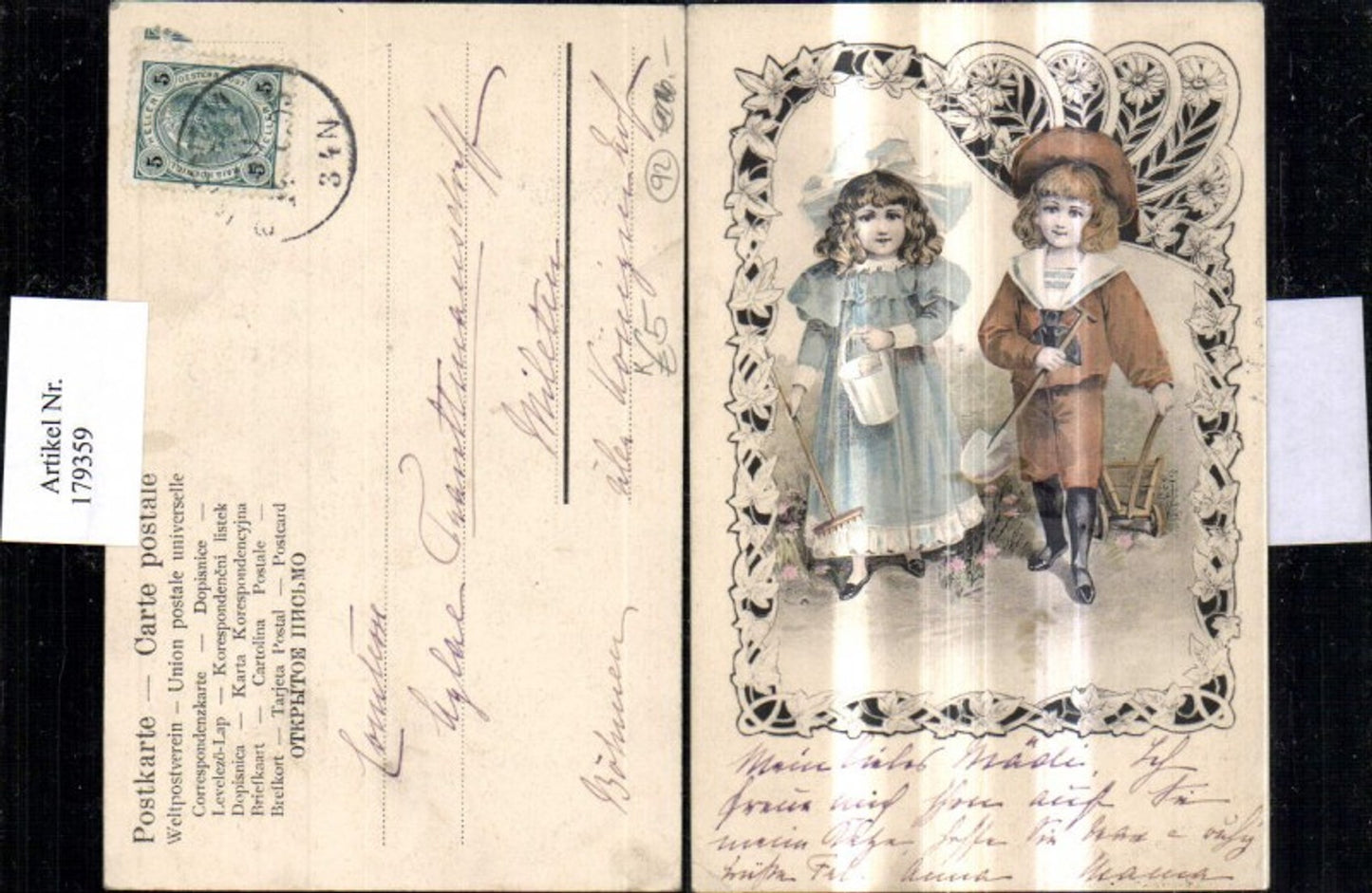 179359,Künstler Ak Kinder Mädchen Junge Bub Matrosenanzug Kübel Eimer Schaufel Rechen