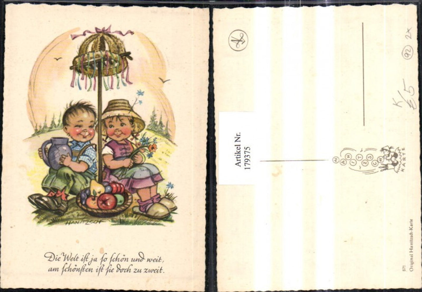 179375,Künstler Ak Hanitzsch Kinder Bub Mädchen u. Rechen Obstkorb Krug Spruch