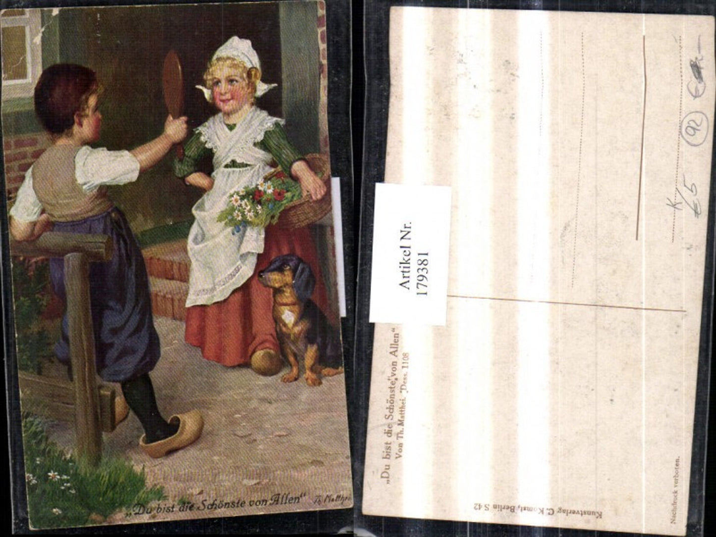 179381,Künstler Ak Th. Matthei Kinder Du bist d. Schönste v. Allen Junge m. Spiegel Mädchen Hund Blumen