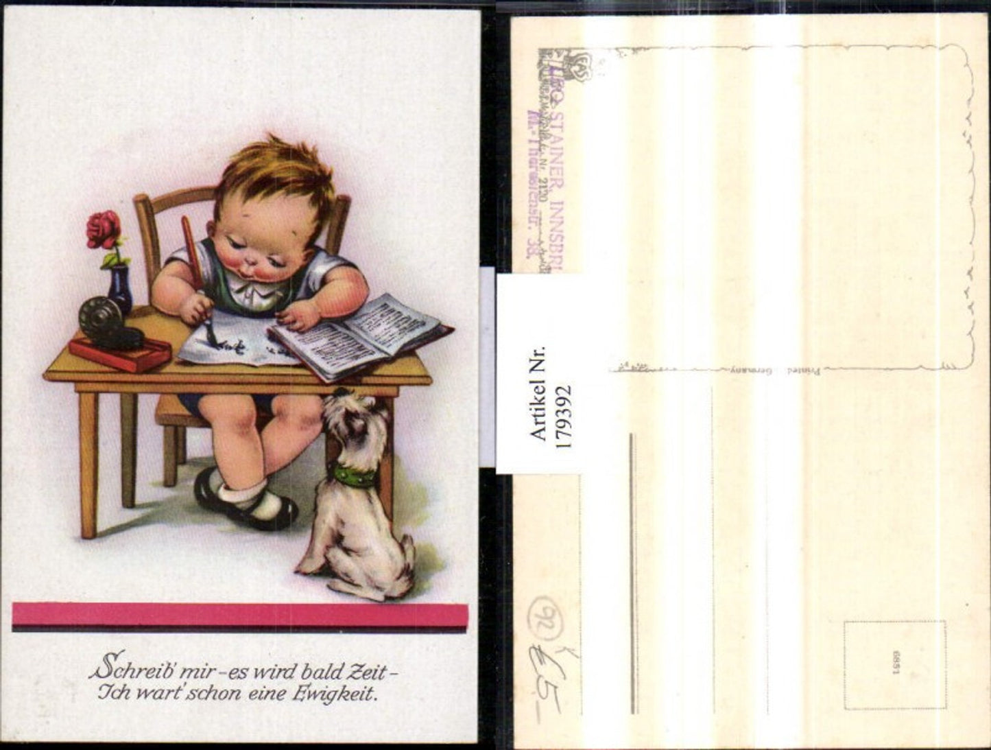 179392,Künstler Ak Kinder Junge Bub b. Schreiben Hund Heft Tinte Feder Spruch