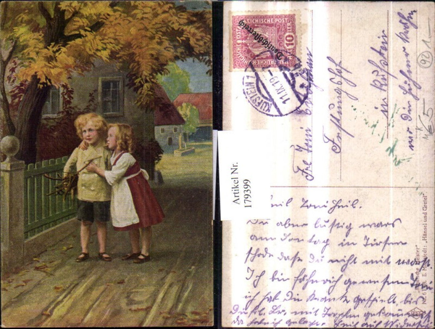 179399,Künstler Ak E. Manstedt Kinder Hänsel u. Gretel  Junge Mädchen m. Holz Ästen a. Strasse