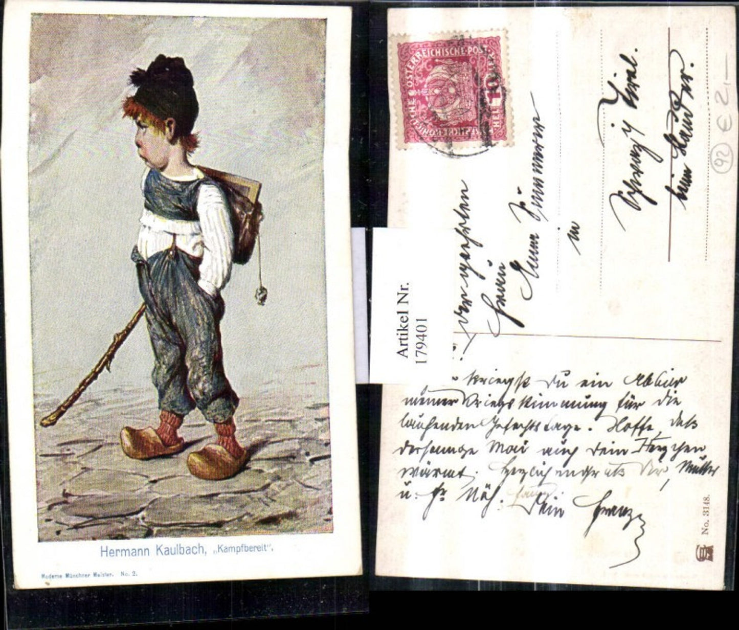 179401,Künstler Ak Hermann Kaulbach Kinder Kampfbereit Junge Bug m. Rucksack Stock Holzschuhe