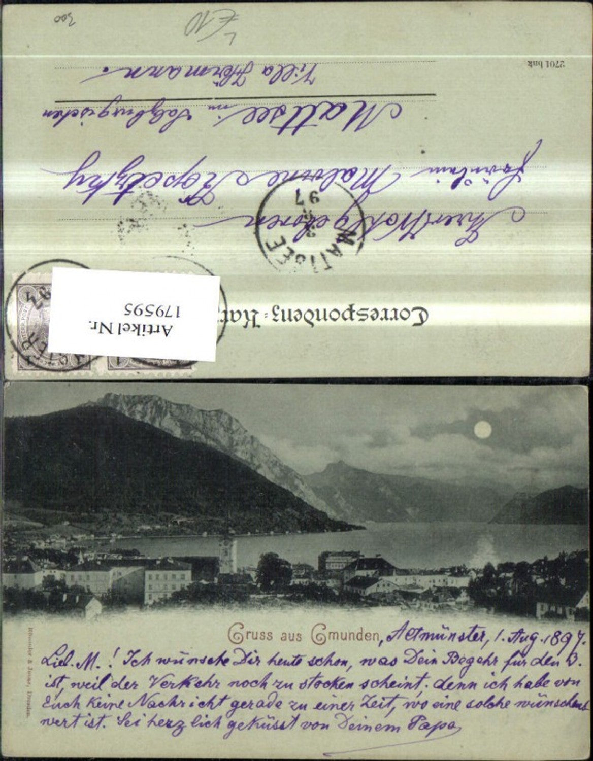 179595,Mondlitho AK Gruß aus Gmunden Teilansicht