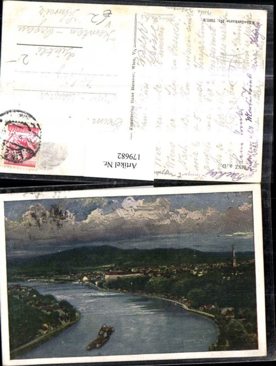 179682,Künstler AK Linz a. d. Donau Totale pub Hans Hausner