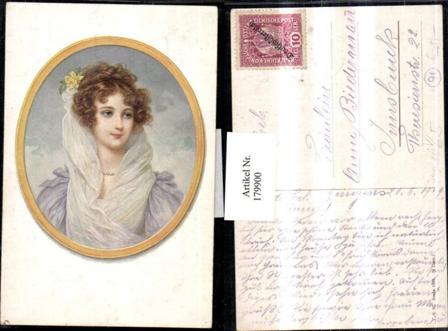 179900,Theo Stroefer Verlag 1338 Jugendstil Frau m. Rose Portrait