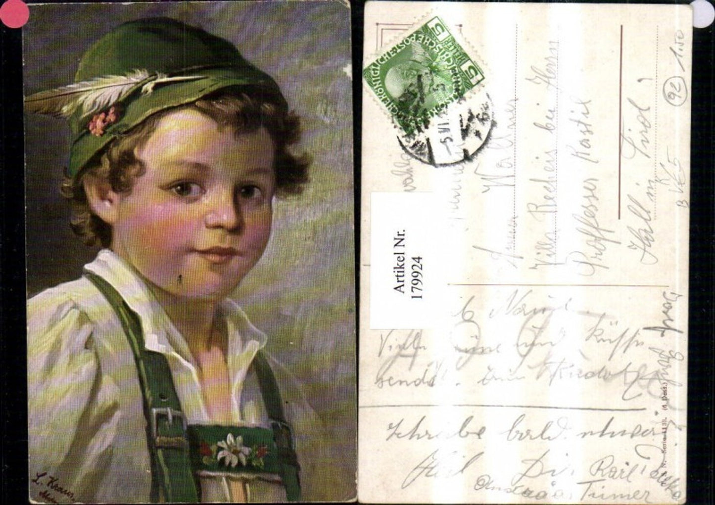 179924,Theo Stroefer Verlag 1133 L. Kraus Junge m. Hut Feder Tracht Portrait