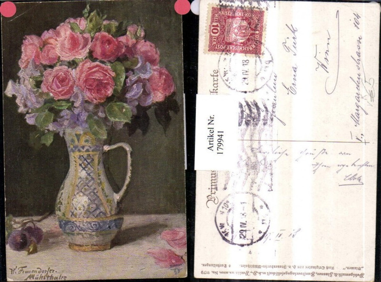 179941,Primus AK 1179 Frauendorfer Mühlthaler Vase m. Blumen Rosen