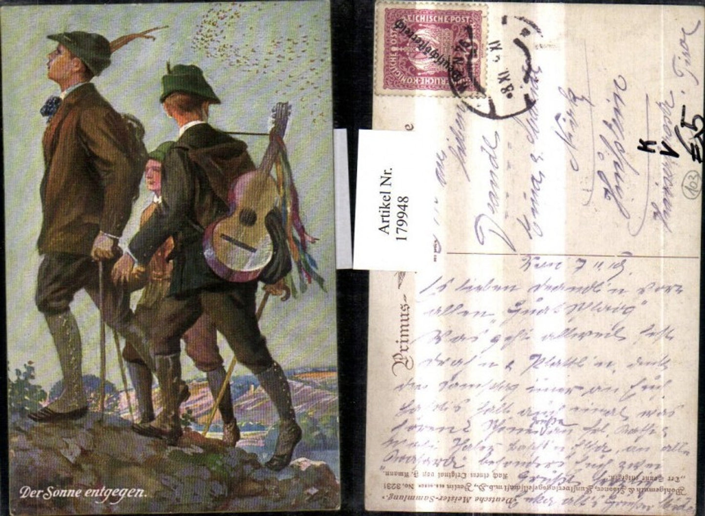 179948,Primus AK 3231 F. Amann Der Sonne entgegen Wanderer m. Hut Stock Gitarre