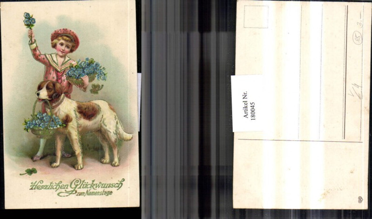 180045,Namenstag Golddruck Kind m. Blumen Korb Hund Bernhardiner pub EAS