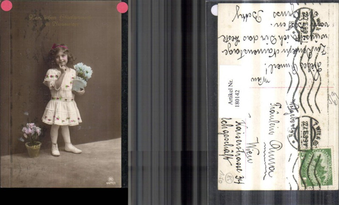 180142,Namenstag Mädchen m. Kleid Blumenstock Blumen pub RPH 4477/1