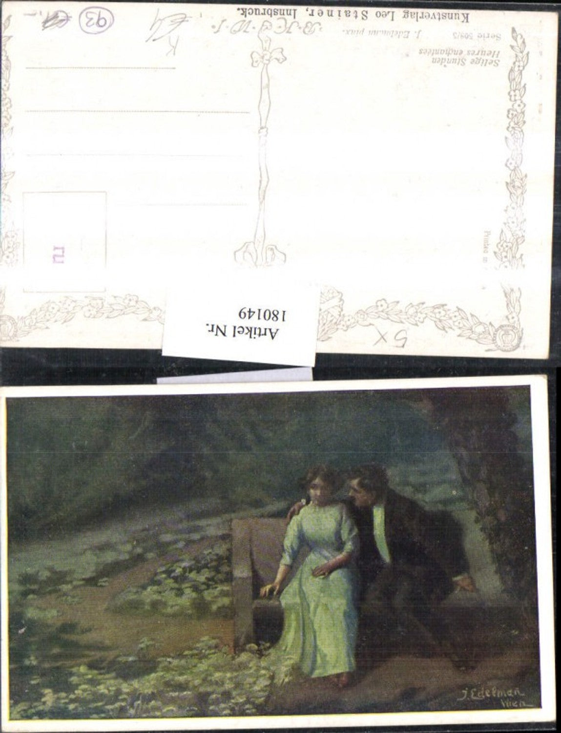 180149,Liebe Künstler AK J. Edelmann Selige Stunden Mann nimmt Frau in den Arm Sitzbank