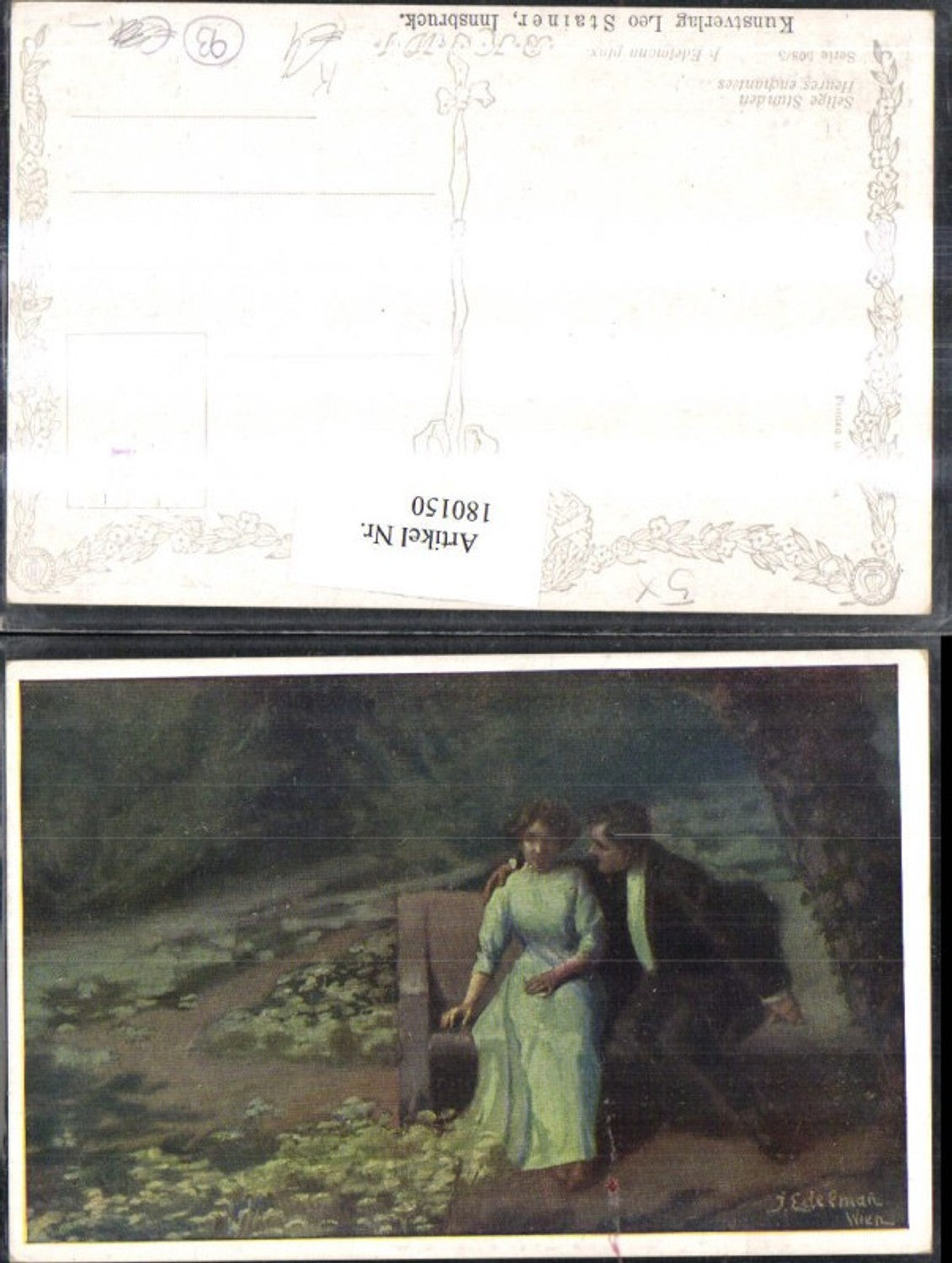 180150,Liebe Künstler AK J. Edelmann Selige Stunden Mann nimmt Frau in den Arm Sitzbank