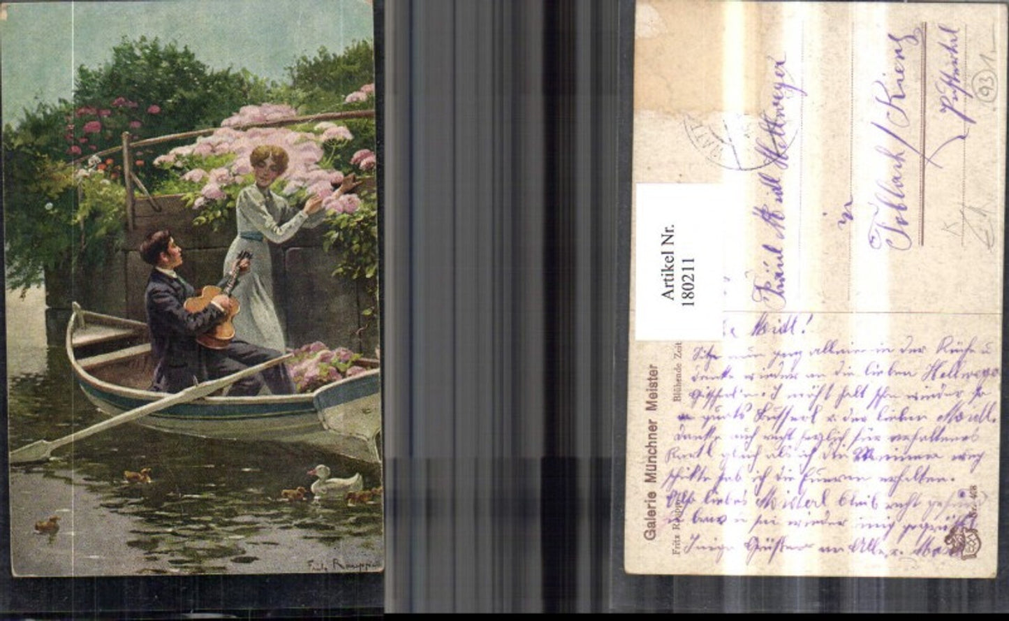 180211,Liebe Künstler AK Fritz Raupp Blühende Zeit Libespaar Boot Gitarre Enten Blumen