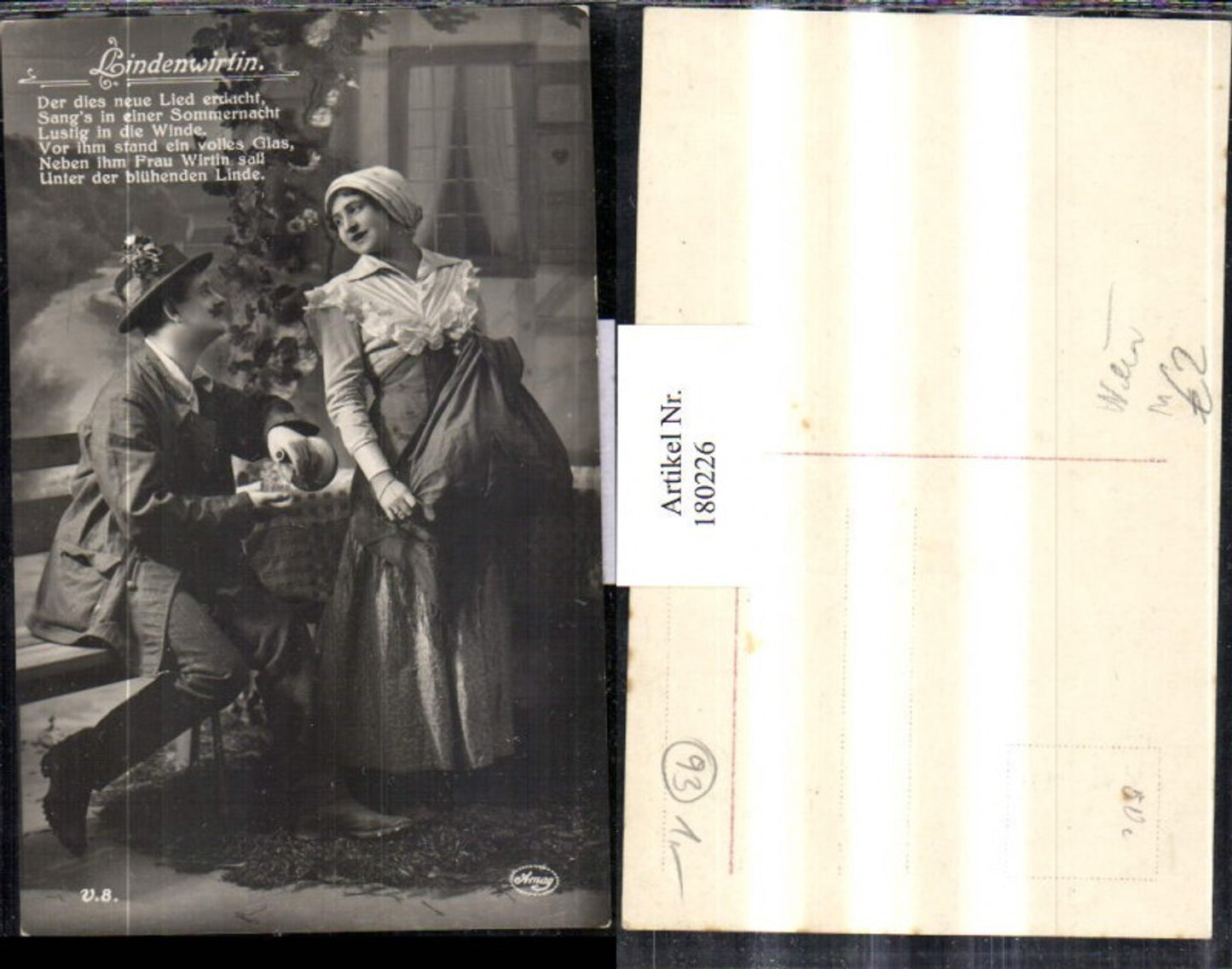 180226,Liebe Lindenwirtin Gedicht Frau m. Kleid Wein Glas Karaffe Mann m. Hut