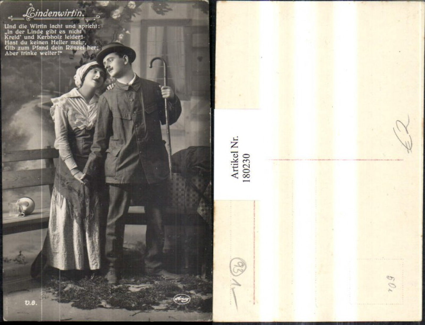 180230,Liebe Lindenwirtin Gedicht Liebespaar Stock Hut Karaffe Glas