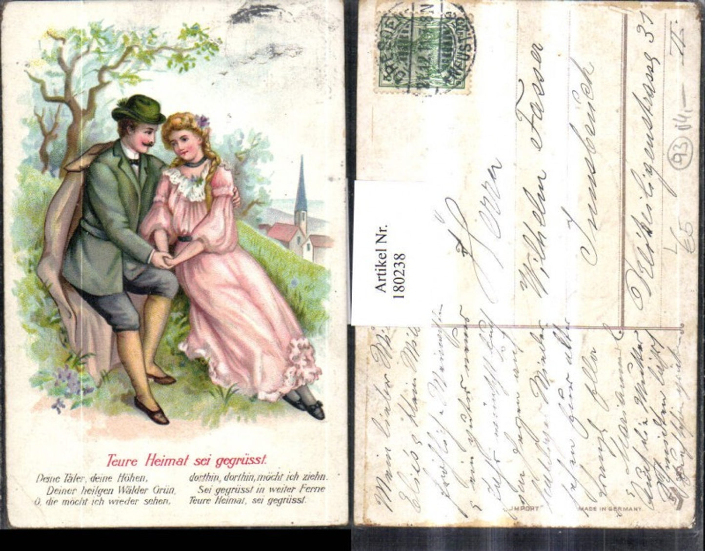 180238,Liebe Litho Präge AK Teure Heimat sei gegrüsst Gedicht Liebespaar