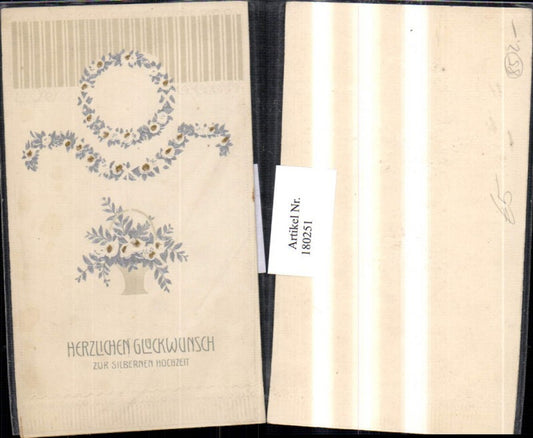 180251, embossed postcard, silver print, congratulations on a silver wedding anniversary, floral wreath, flowers