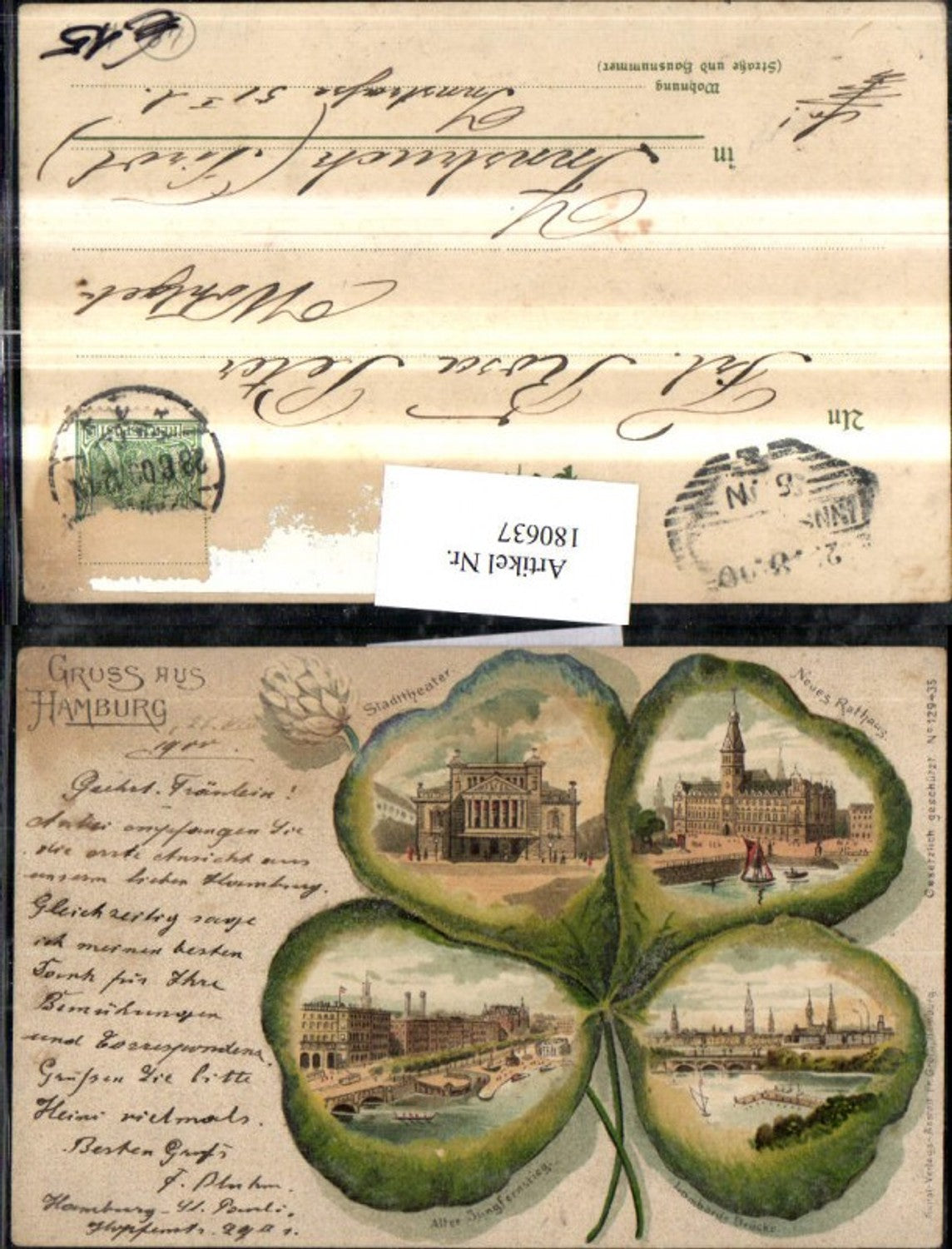 180637,Gruß aus Hamburg Stadttheater Rathaus Lombardbrücke Jungfernstieg Mehrbildkarte Kleeblatt Klee