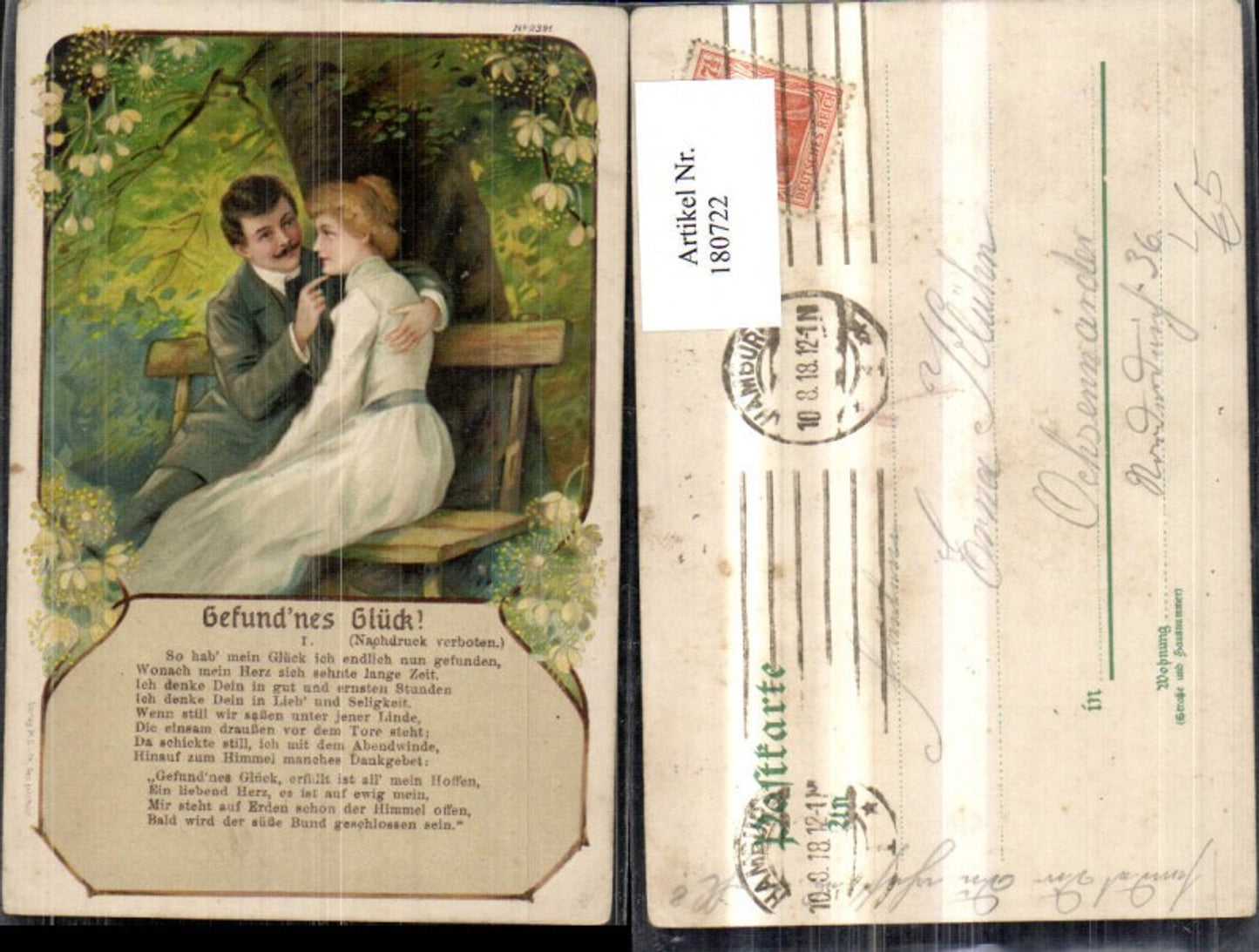 180722,Liebe Litho Gefundenes Glück Frau Mann a. Bank b. Baum Spruch