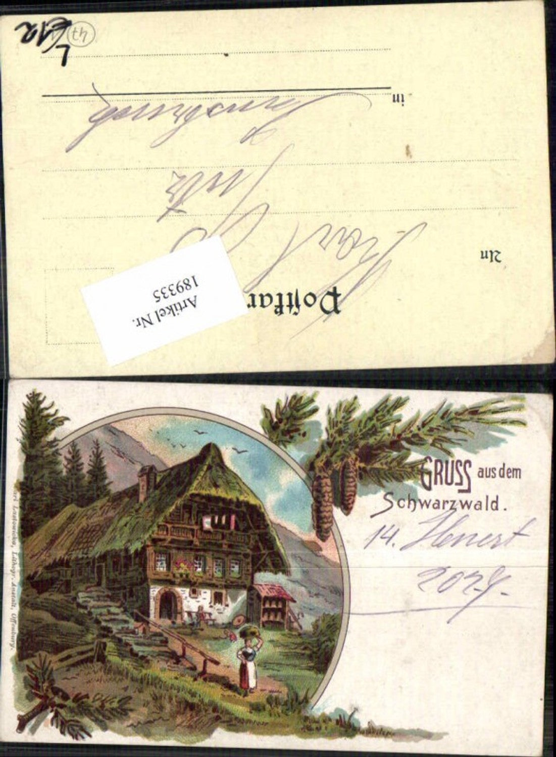 189335,Litho Gruss aus dem Schwarzwald Schwarzwaldhaus 1898 Freiburg  pub Lastowicka