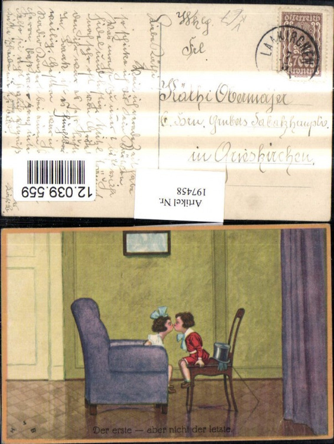 197458, Artist AK The first but not the last children give each other a kiss armchair pub HSB
