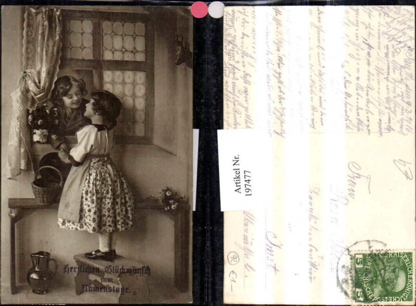 197477,Glückwunsch zum Namenstag Kinder Mädchen m. Kleid Korb Krug Fenster Junge