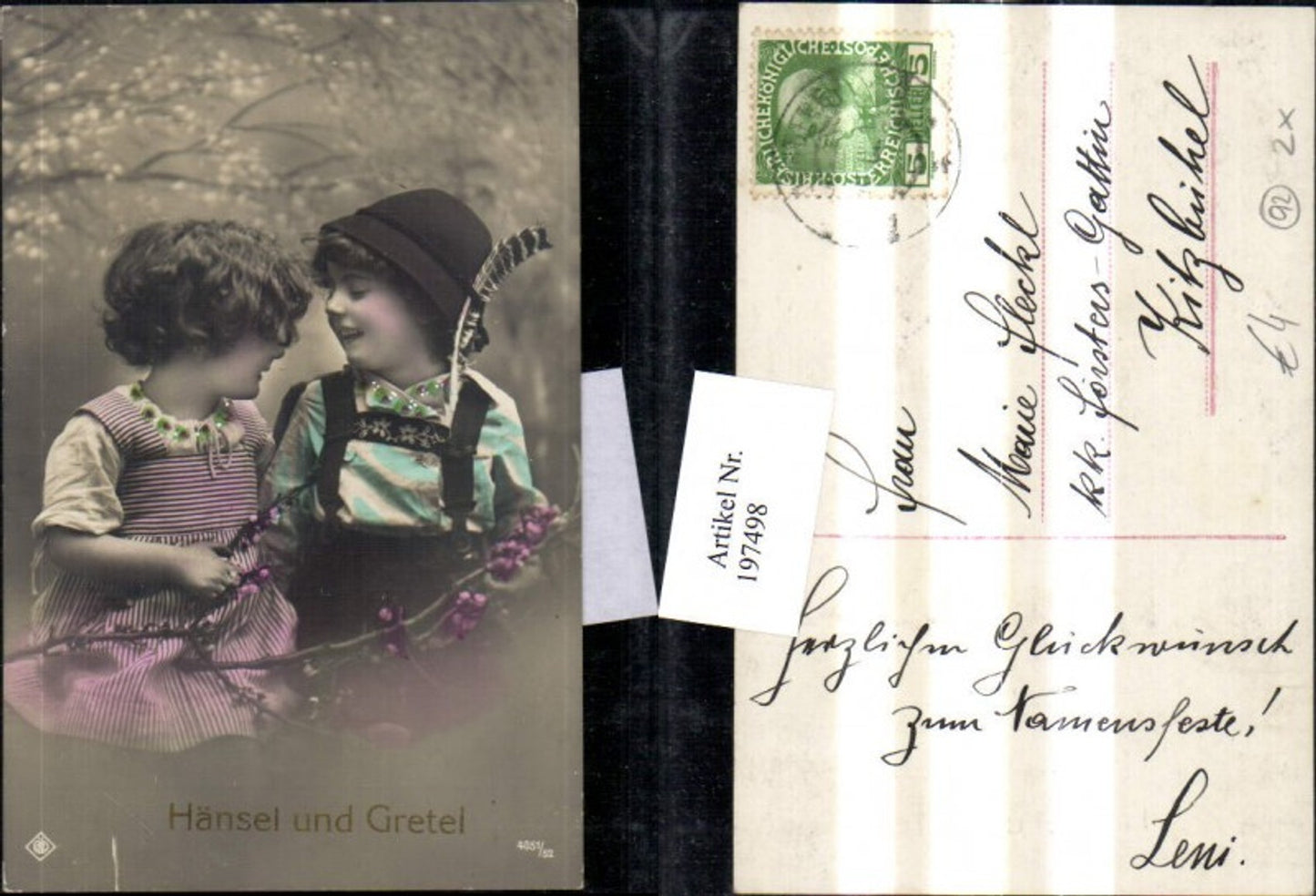 197498,Hänsel und Gretel Märchen Kinder Junge in Tracht m. Hut u. Feder Blumenzweige