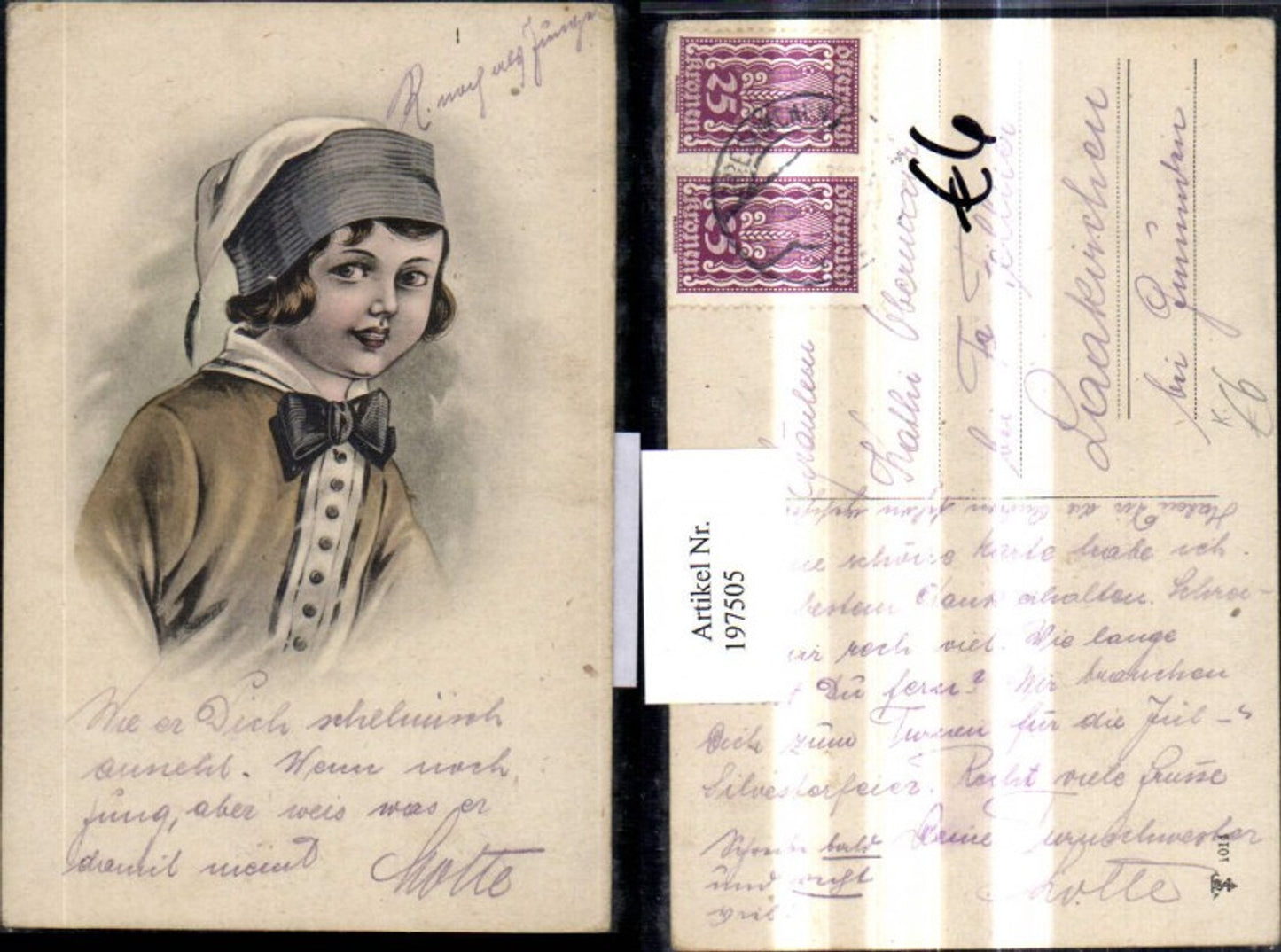 197505,Künstler AK Kind m. Haube u. Fliege