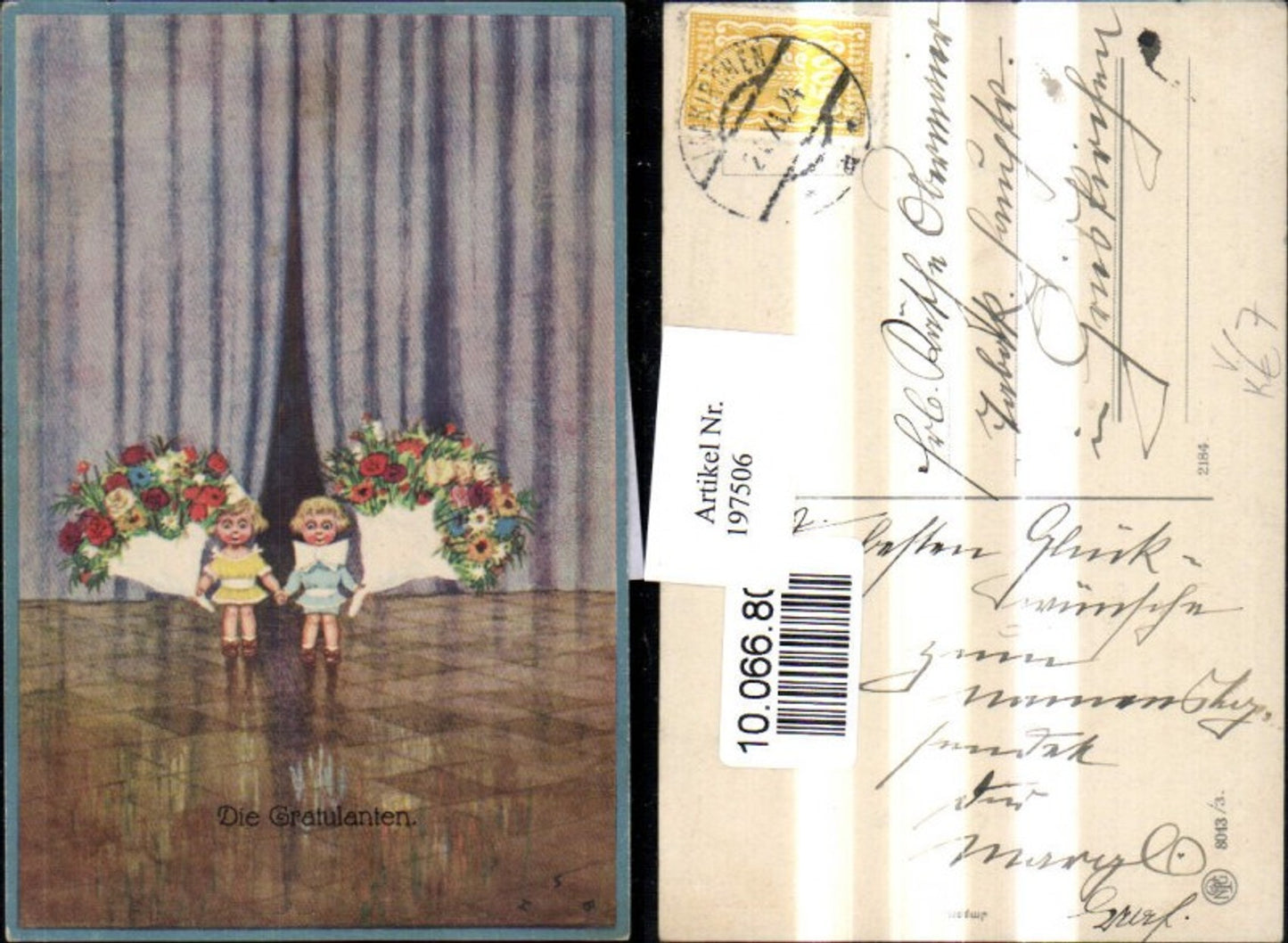 197506,Künstler AK HSB Die Gratulanten Kinder m. Blumensträußen Vorhang pub NPG 8043/3