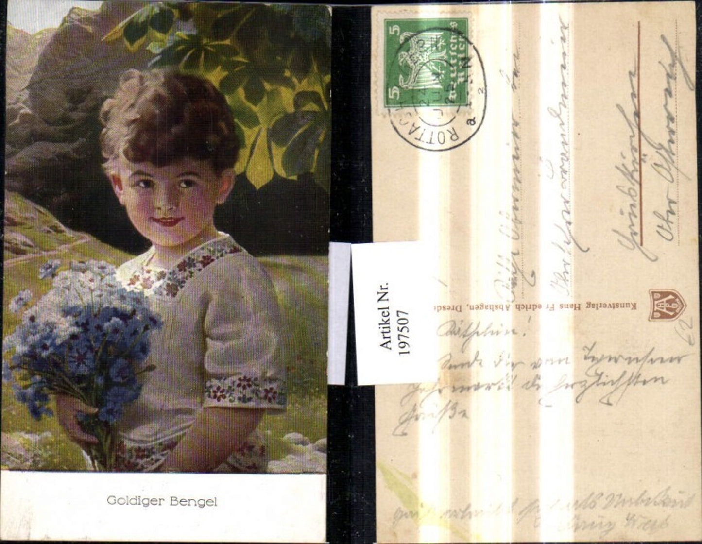 197507,Goldiger Bengel Kind m. Blumenstrauß