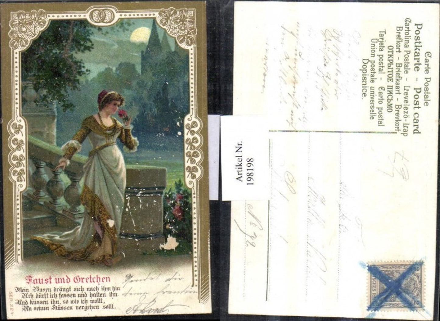 198198,Präge Litho AK Liebe Faust und Gretchen Gedicht Frau m. Kleid Rose Mondschein