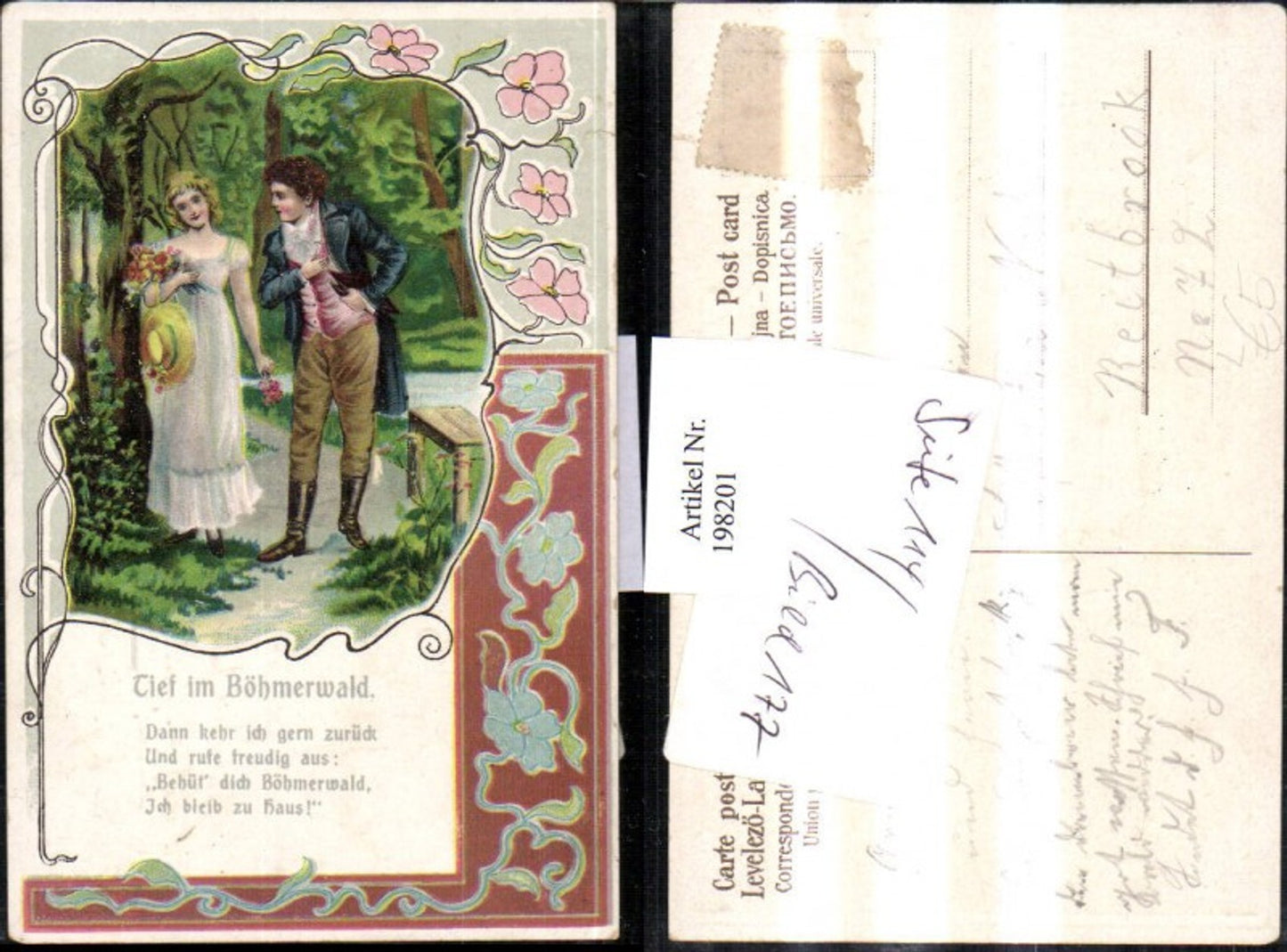 198201,Präge Litho AK Liebe Tief im Böhmerwald Gedicht Liebespaar Blumenstrauß Hut