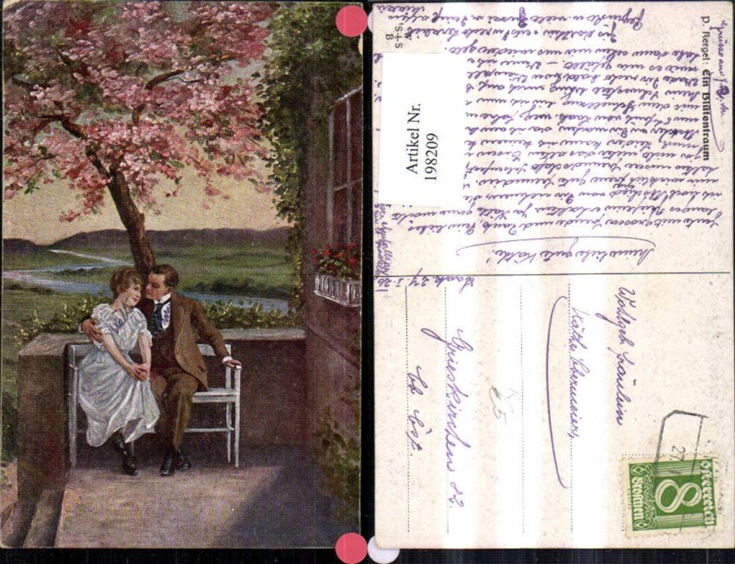 198209,Künstler AK P. Kergel Ein Blütentraum Liebe Liebespaar auf einer Sitzbank