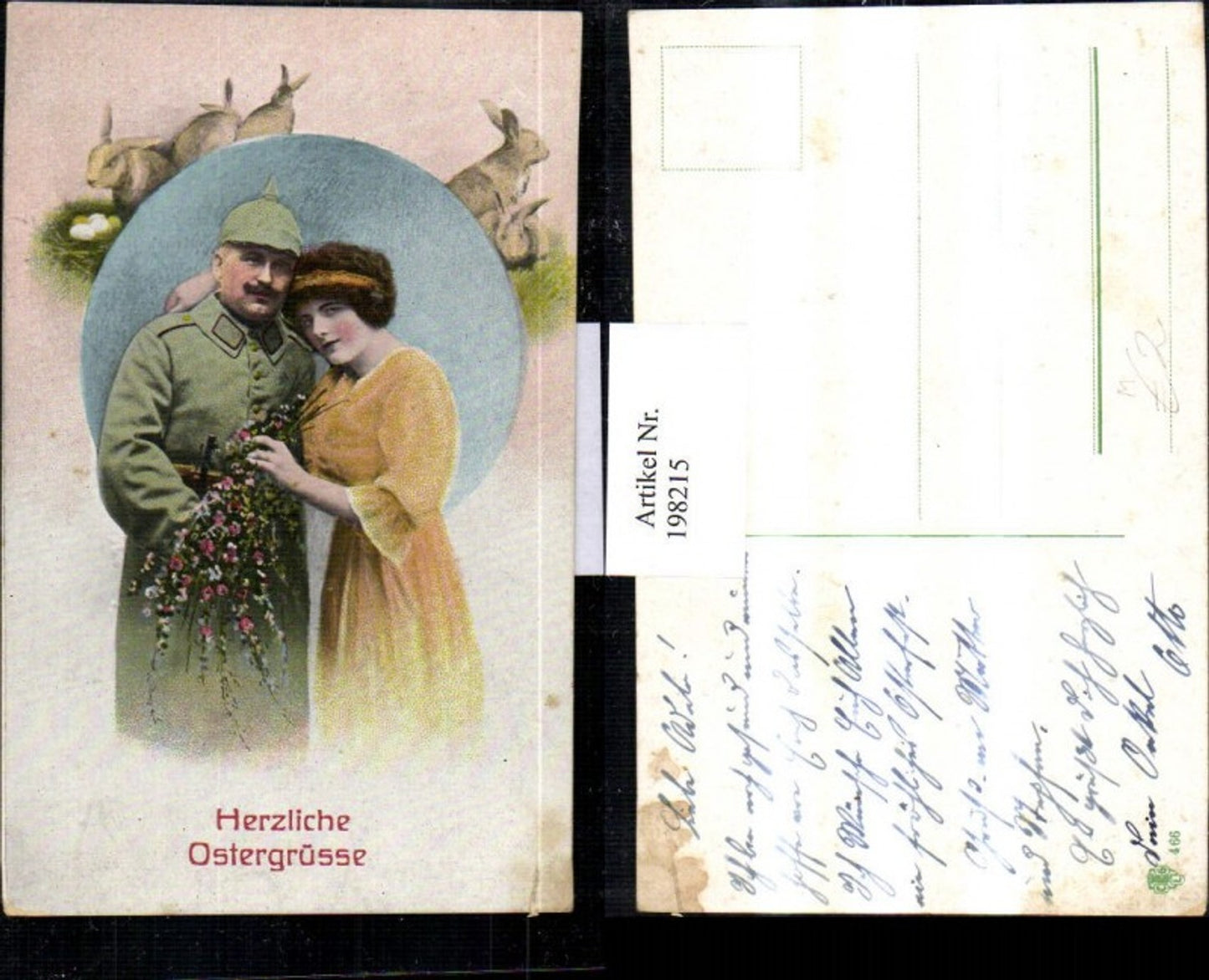 198215,Herzliche Ostergrüße Liebe Liebespaar Mann in Uniform Pickelhaube Blumenstrauß Hasen