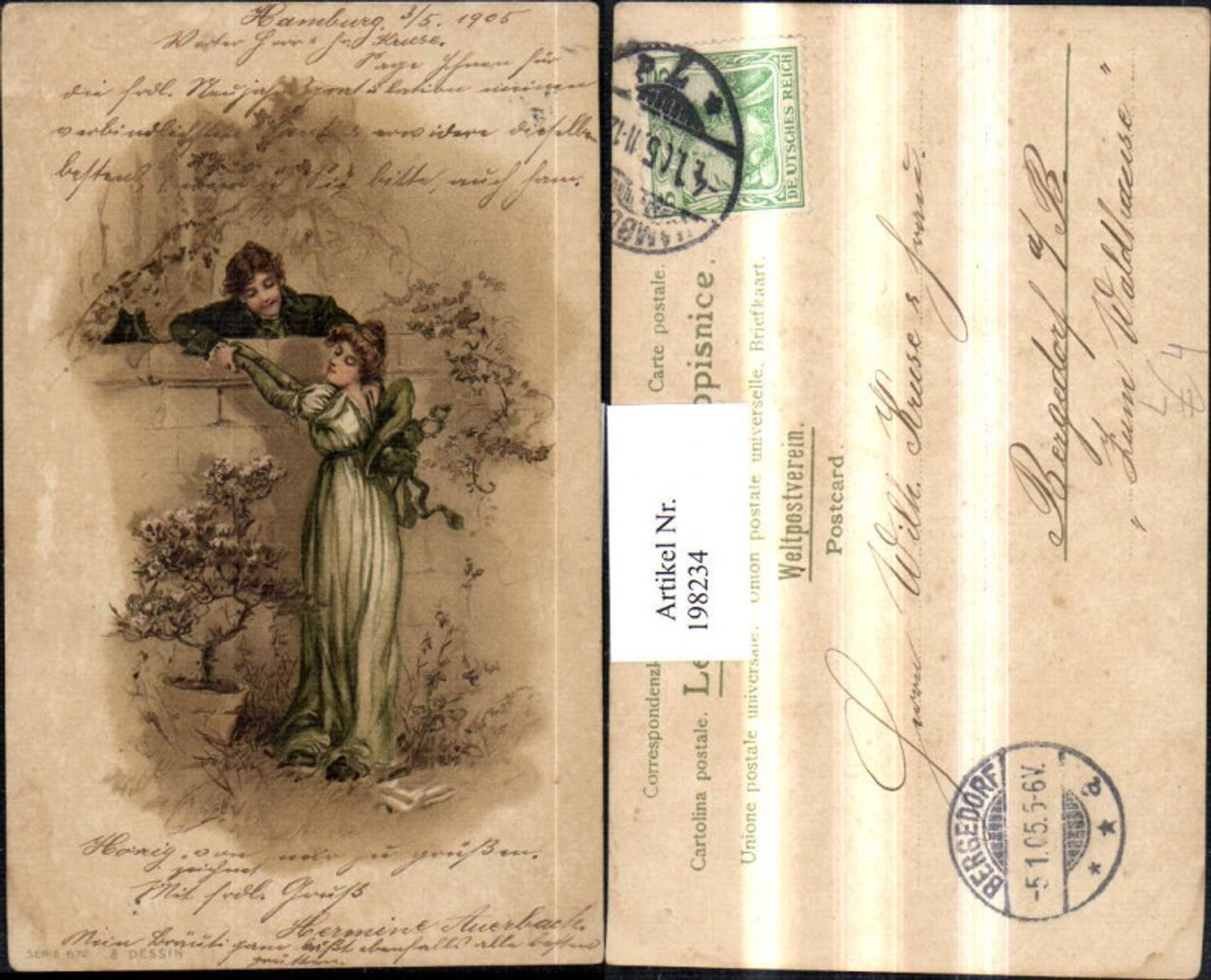 198234,Litho AK Liebe Liebespaar Frau m. Kleid u. Hut Steinmauer Mauer