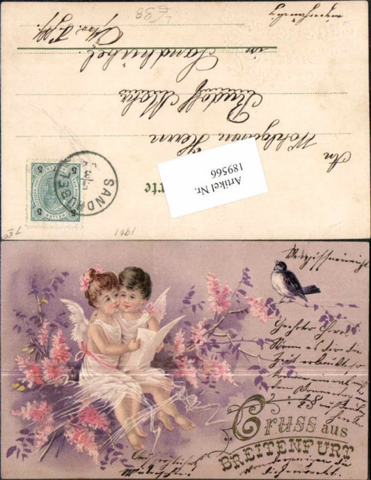189566,seltene Litho Gruss aus Breitenfurt bei Wien Engel singen Blumen 1901