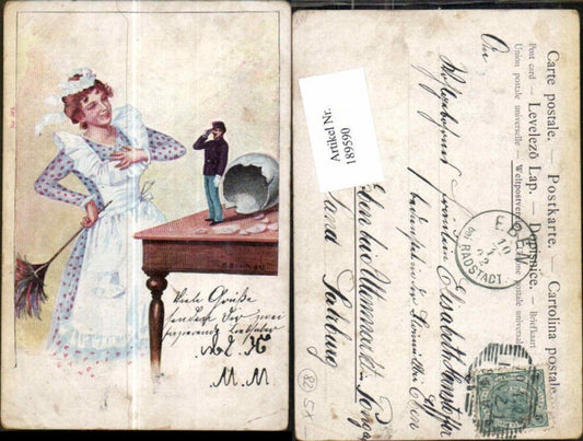 189590,Künstler AK A. Broch Soldat aus Ei Humor Hausmädchen staubwischen Feger Staubwedel schürze