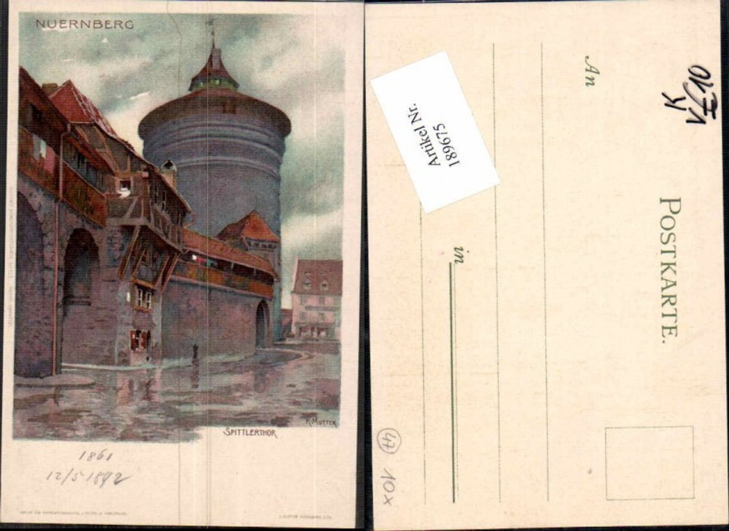 189675,Künstler Litho K. Mutter Nürnberg Spittlerthor 1892 !!! pub Velten 103
