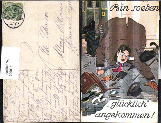 200035,Scherz Humor Bin soeben glücklich angekommen Mann fällt zu Boden alle Sachen verstreut