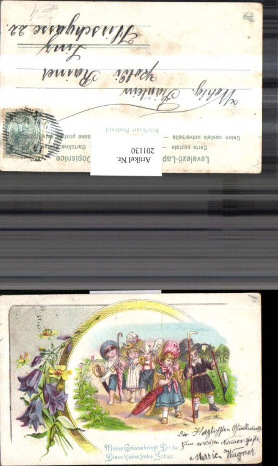201130,Litho AK Kinder als Erwachsene verkleidet Schirm Schwert Kleid Stock Pfeife Glockenblumen
