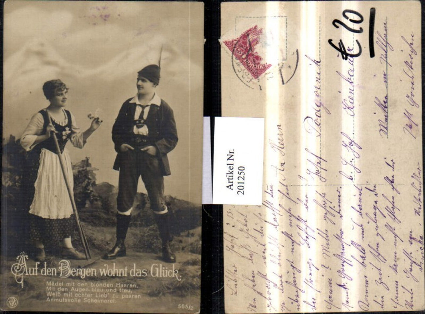 201250,Tiroler Trachten Tracht Österreich Auf d. Bergen wohnt d. Glück Frau u. Mann Hut pub NPG 565/2